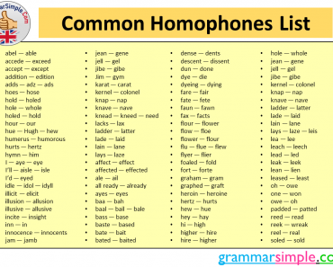 100 Common Homophones List
