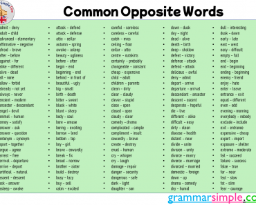 Common Opposite Words List, Antonym Words