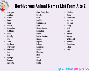 Herbivorous Animal Names List Form A to Z