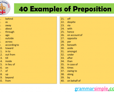 40 Examples of Preposition, Definition and Example Sentences
