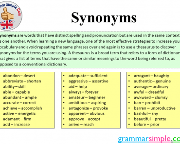 Synonym Words in English, Definition and Example Sentences