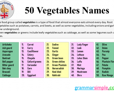50 Vegetables Names, Vegetables Types and Names
