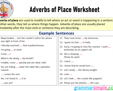Adverbs of Place Worksheet, Example Sentences with Adverbs of Place with Answers
