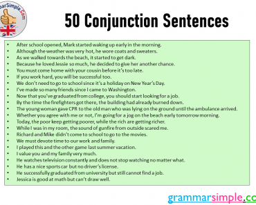 50 Conjunction Sentences, Examples of Conjunctions Sentences in English