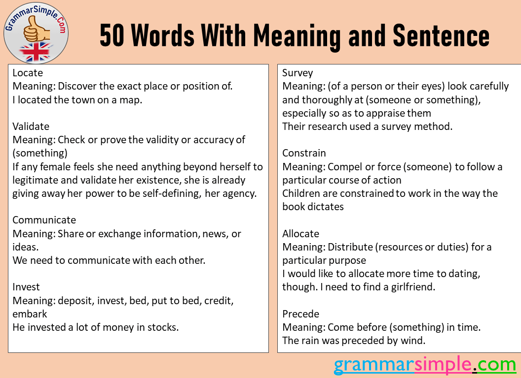 50 Words With Meaning and Sentence in English - GrammarSimple.Com