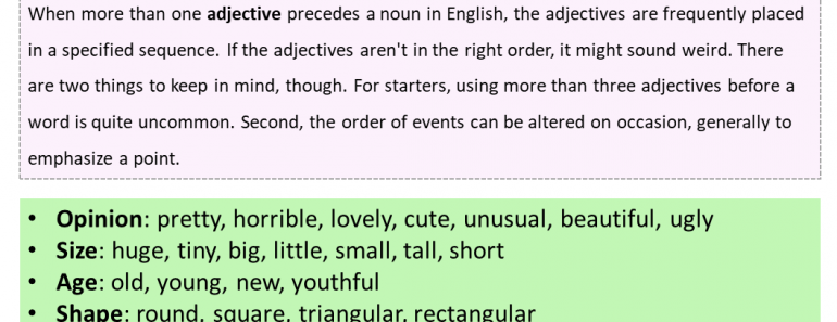 Correct Order of Adjectives, Examples and Sentences