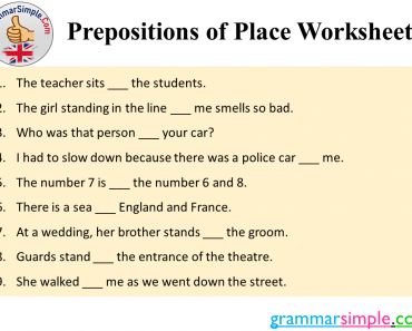 Prepositions of Place Exercises PDF with Answers, Prepositions of Place Worksheet PDF