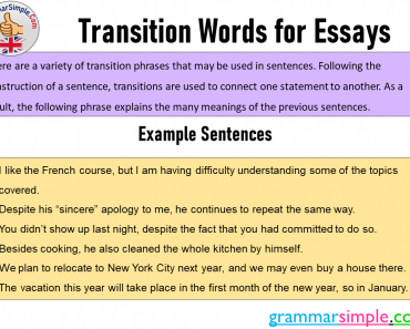 Transition Words for Essays, Transition Words and Example Sentences